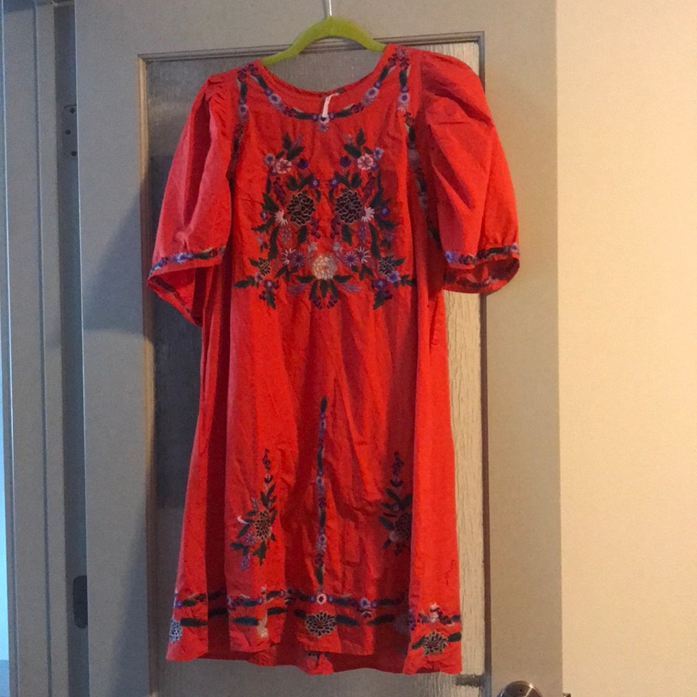Free People bright orange floral embroidered dress